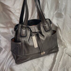 * Tignanello leather handbag, Grey Black, Large Several Pockets Long Thick Strap